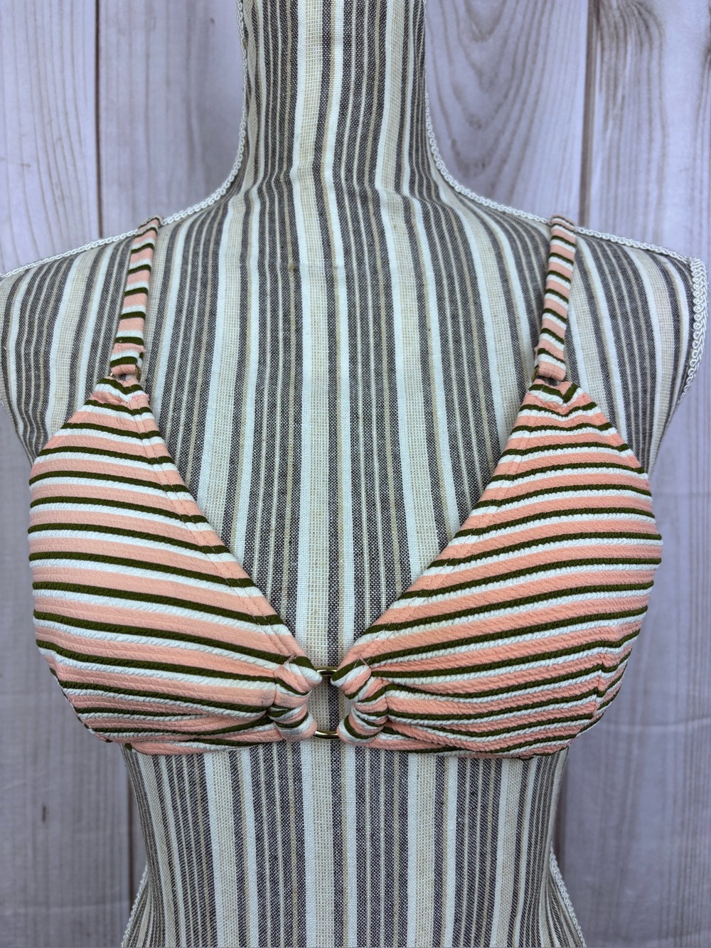 Cremiux Bikini Swim Top Horizontal Striped Textured Crepe Fabric O-Ring Medium